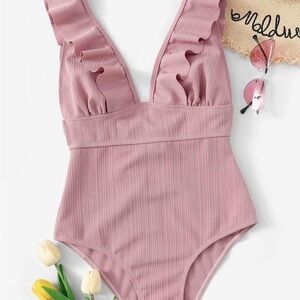 Plunge Neck One Piece Blush Pink Swimsuit